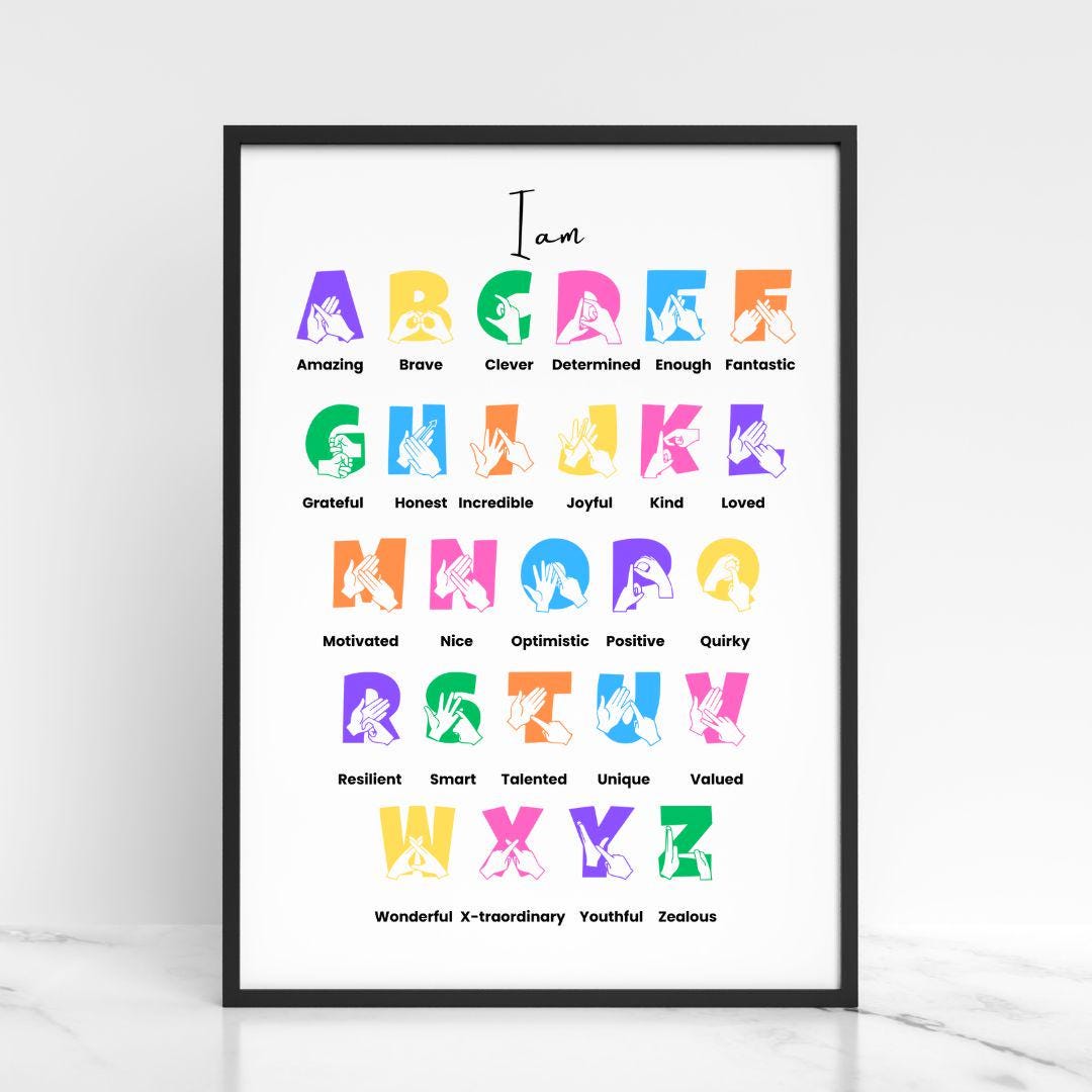 BSL Alphabet Print, British Sign Language Alphabet, Positive Affirmation Print, Deaf Child Gift, Nursery Wall Art, BSL Fingerspelling, I am
