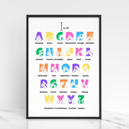 BSL Alphabet Print, British Sign Language Alphabet, Positive Affirmation Print, Deaf Child Gift, Nursery Wall Art, BSL Fingerspelling, I am