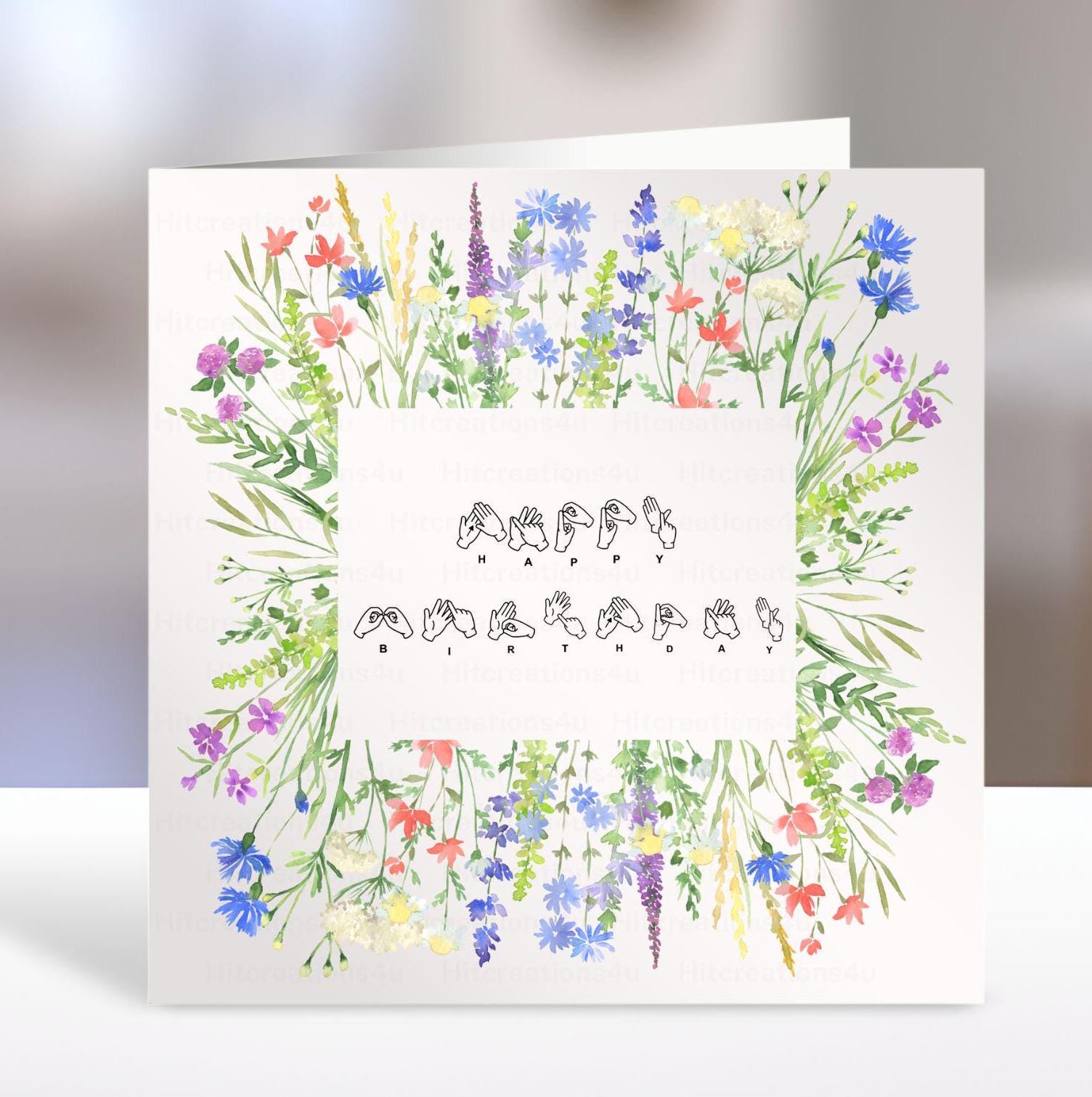 BSL Birthday Card, wildflowers birthday card, British Sign Language, fingerspelling, inclusive, deaf art, Deaf Awareness, card for friends