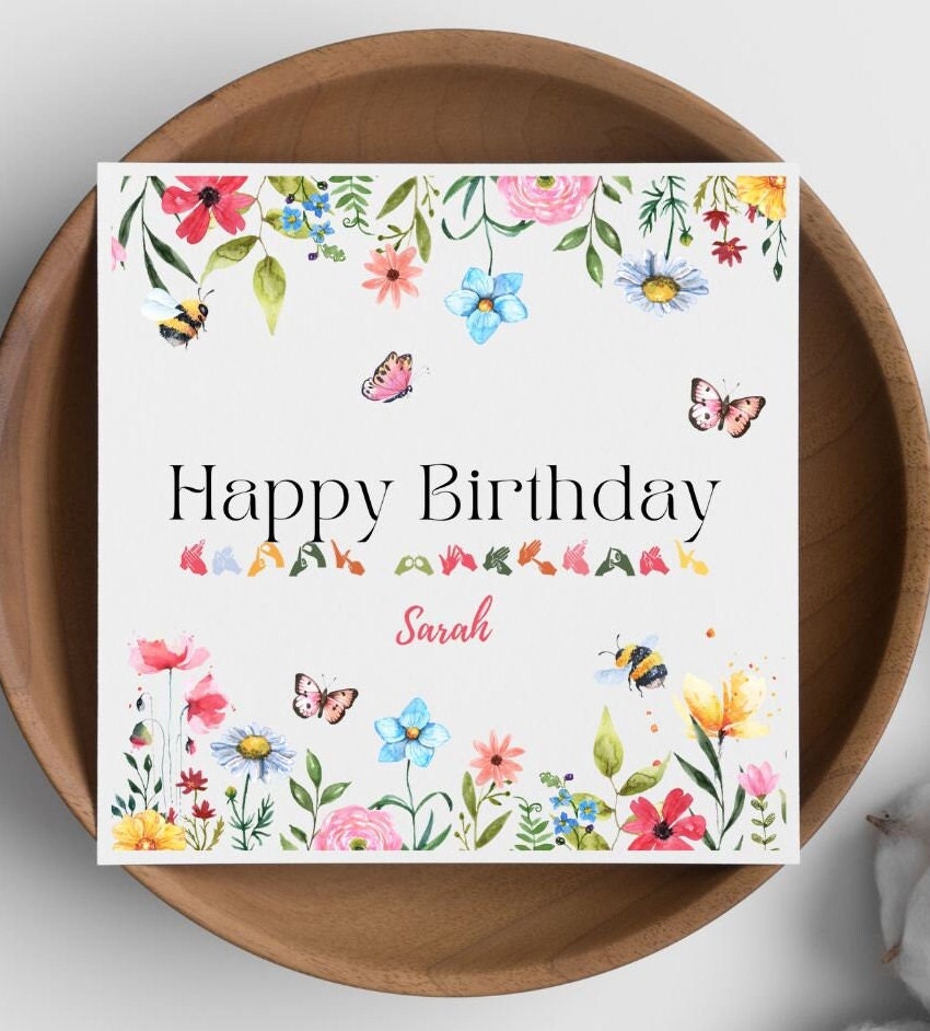 Wildflower Birthday Card: BSL Fingerspelling, Bees & Butterflies