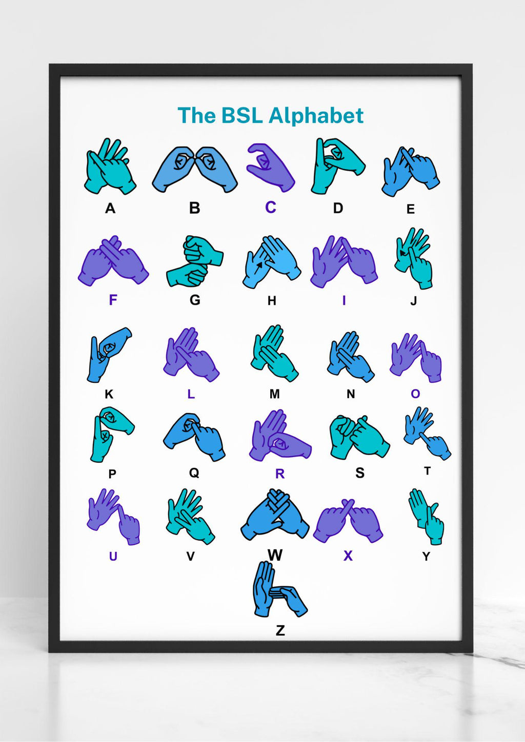 British Sign Language Alphabet Print: choice of colours, BSL Poster, bsl learner, bsl educational resource, bsl abc, bsl alphabet print