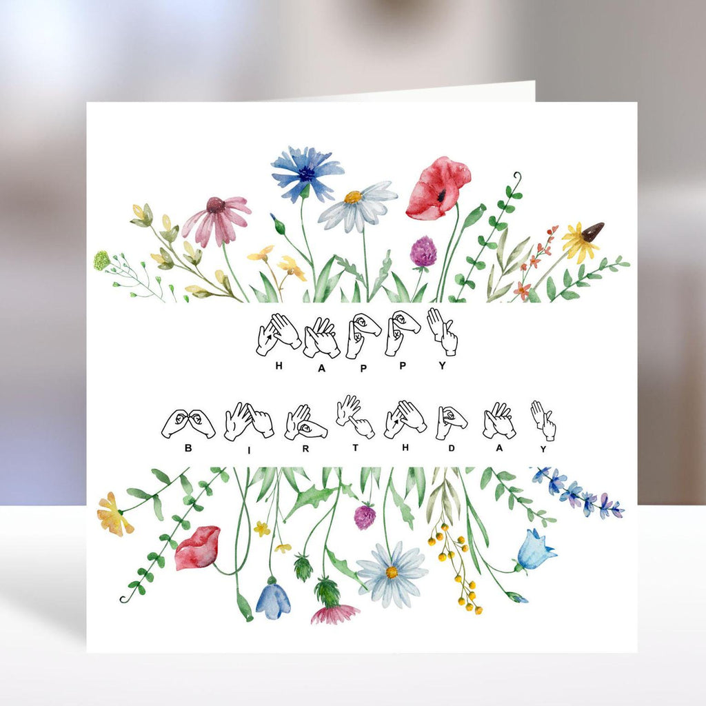 BSL Birthday Card: Watercolor Wildflowers, British Sign Language birthday card, floral birthday card