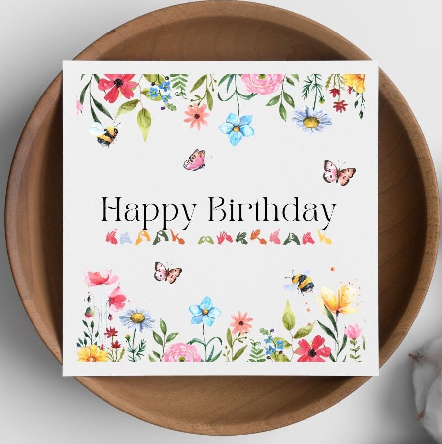 Wildflower Birthday Card: BSL Fingerspelling, Bees & Butterflies