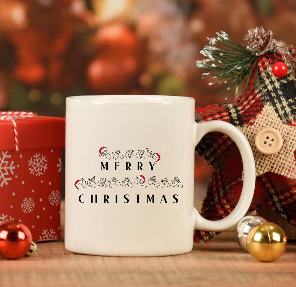 BSL christmas mug, sign language mug, deaf aware, BSL, personalised, unique, British sign language, teacher gift, fingerspelling, xmas mug