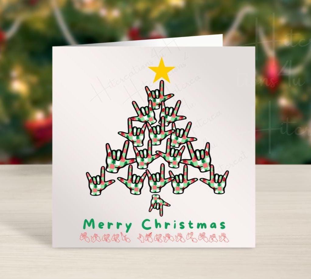 BSL christmas card, bsl card, teacher card, merry christmas, Deaf, Sign Language card, BSL, fingerspelling, Deaf Awareness, christmas tree