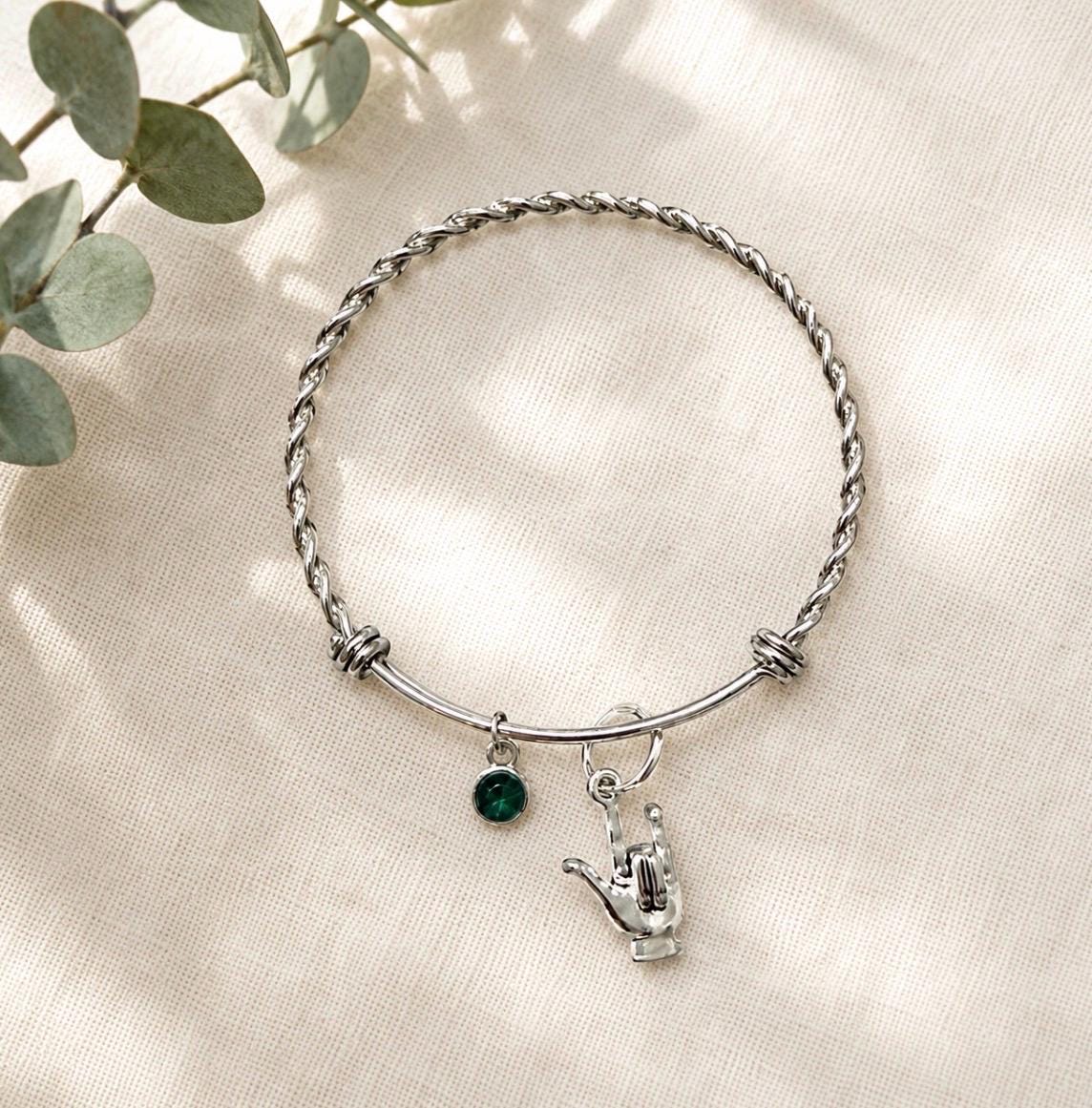 BSL I Love You Bangle | Personalised Birthstone Bracelet | British Sign Language Gift| Deaf Awareness Jewellery ASL| BSL gift