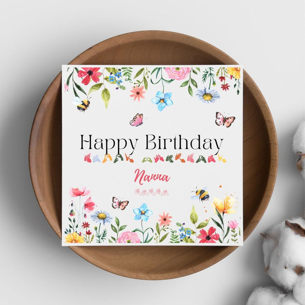 Wildflower Birthday Card: BSL Fingerspelling, Bees & Butterflies