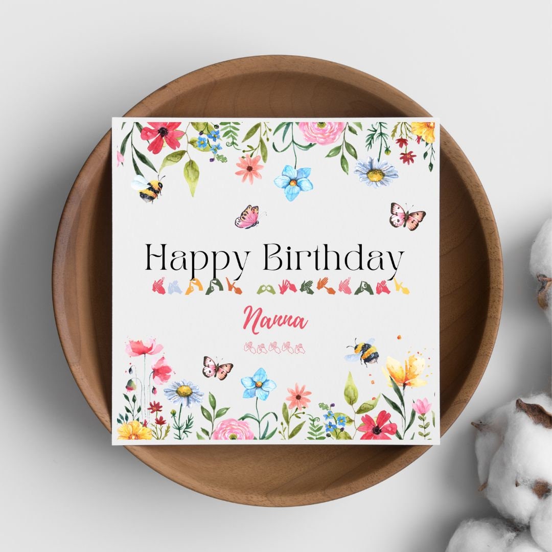 Wildflower Birthday Card: BSL Fingerspelling, Bees & Butterflies