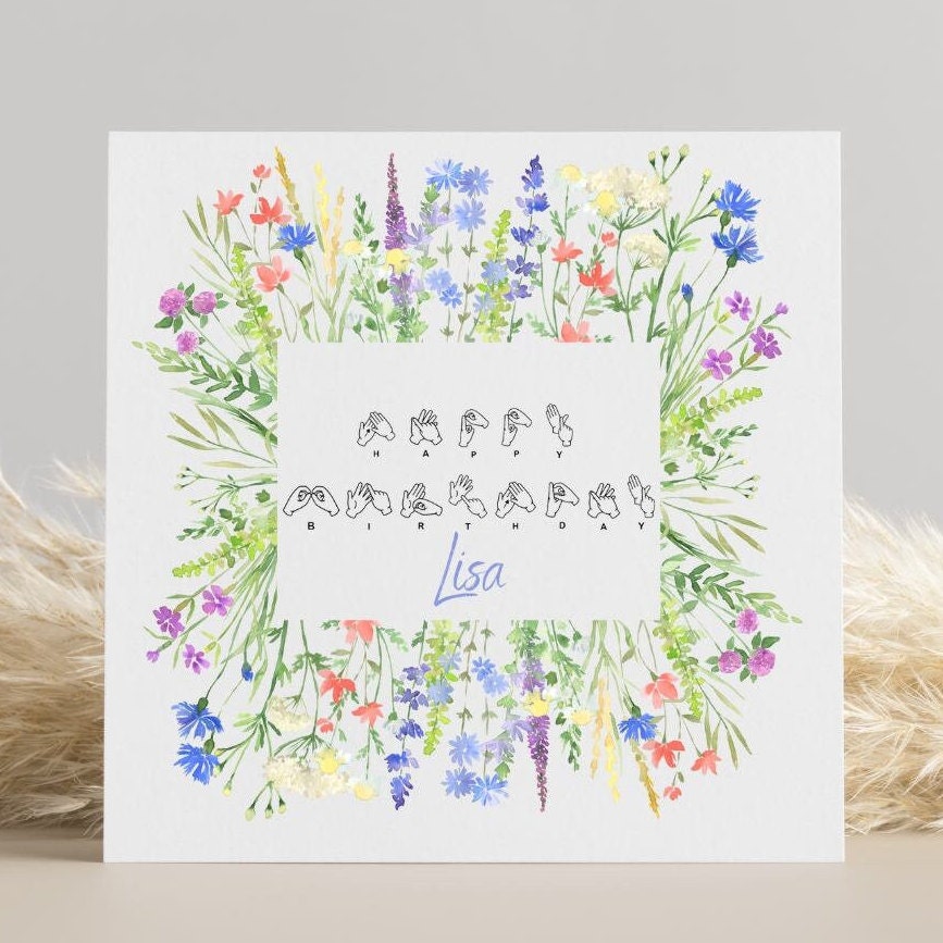 BSL Birthday Card, wildflowers birthday card, British Sign Language, fingerspelling, inclusive, deaf art, Deaf Awareness, card for friends
