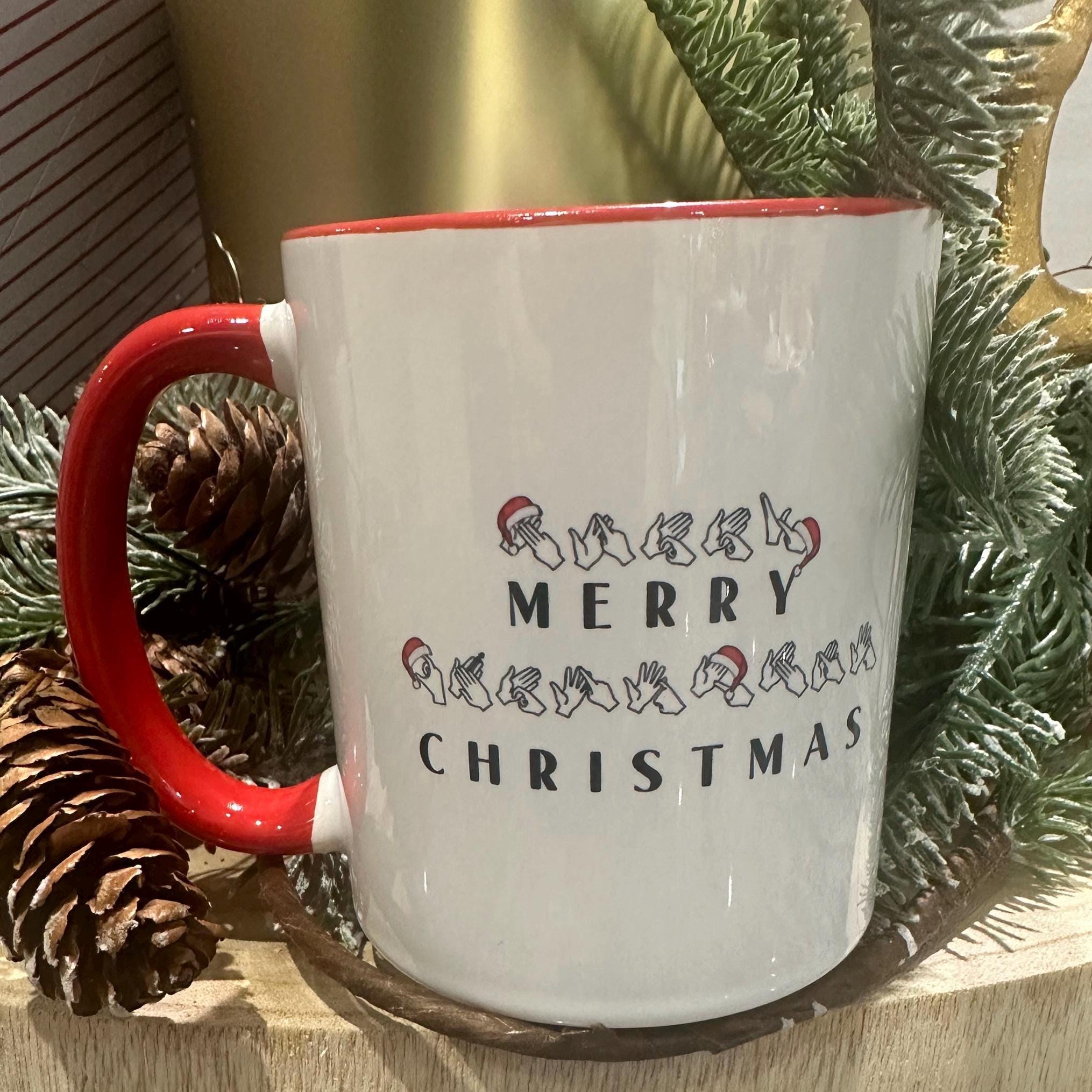 BSL christmas mug, sign language mug, deaf aware, BSL, personalised, unique, British sign language, teacher gift, fingerspelling, xmas mug