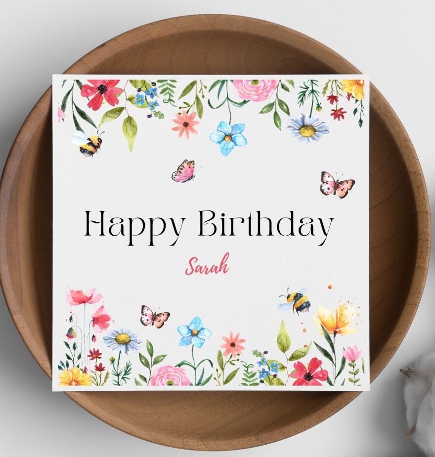Wildflower Birthday Card: BSL Fingerspelling, Bees & Butterflies