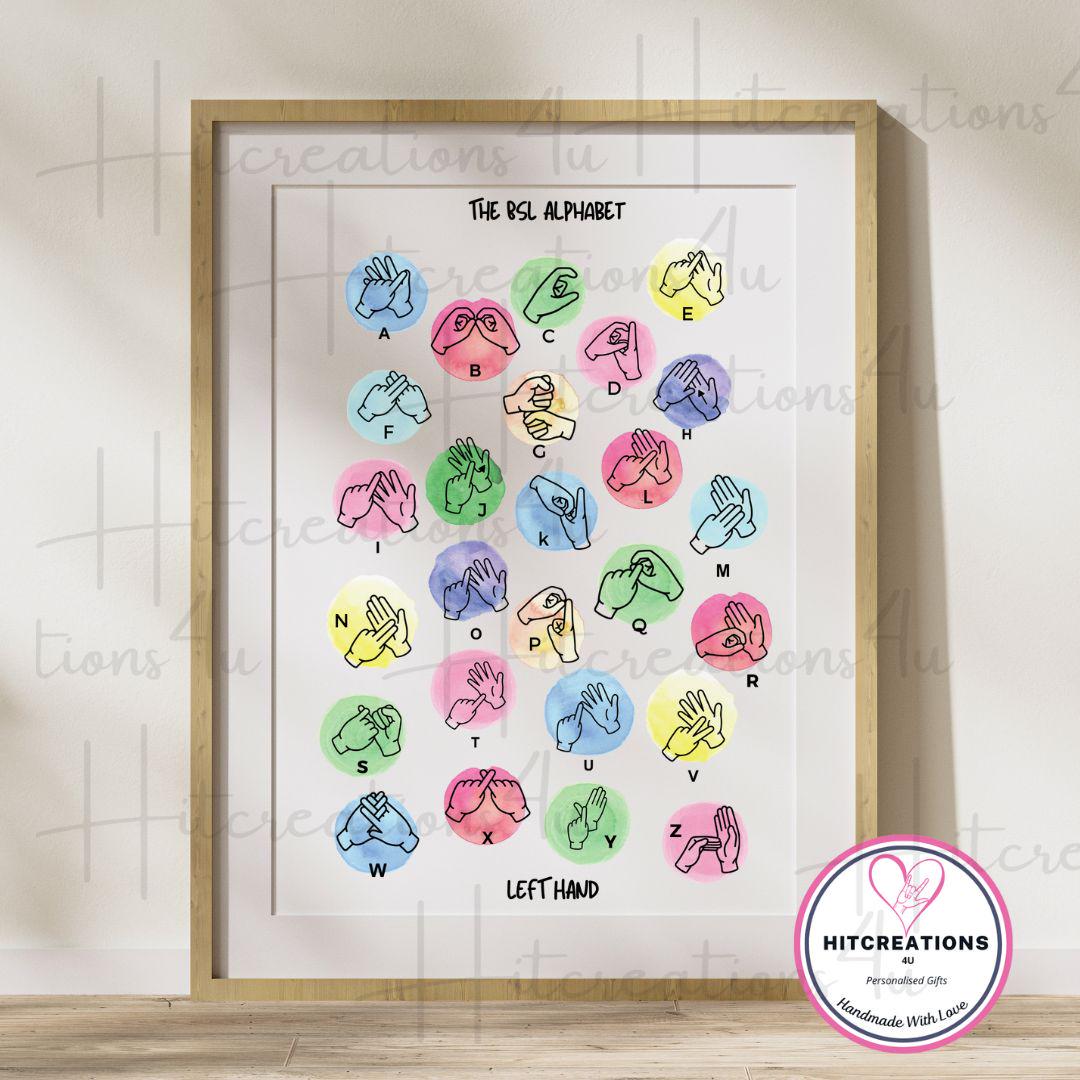 BSL Alphabet Print: British Sign Language Poster, Nursery Education, classroom, playroom, bsl left hand