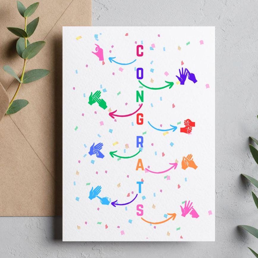 BSL Congratulations Card: Fingerspelling Congrats, New Job, New Baby