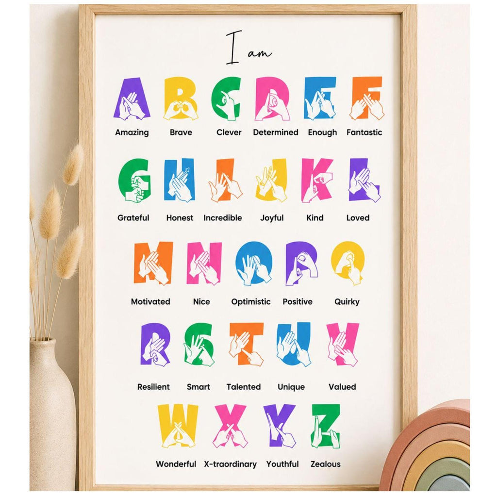 BSL Alphabet Print, British Sign Language Alphabet, Positive Affirmation Print, Deaf Child Gift, Nursery Wall Art, BSL Fingerspelling, I am