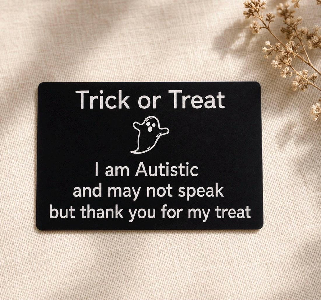 Autism Trick or Treat Card, Engraved Metal Halloween Communication Card, Autistic Child Nonspeaking Support Aid, neurodivergent , awareness
