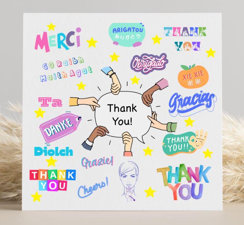 Thank you card,  different languages, bsl thank you card, merci, danke, gracias, grazie, card for friend, teacher thank you, sign language